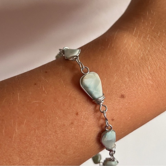 Handmade Larimar Gemstone Bracelet – Boho Silver Wire Wrapped - Picture 2 of 6